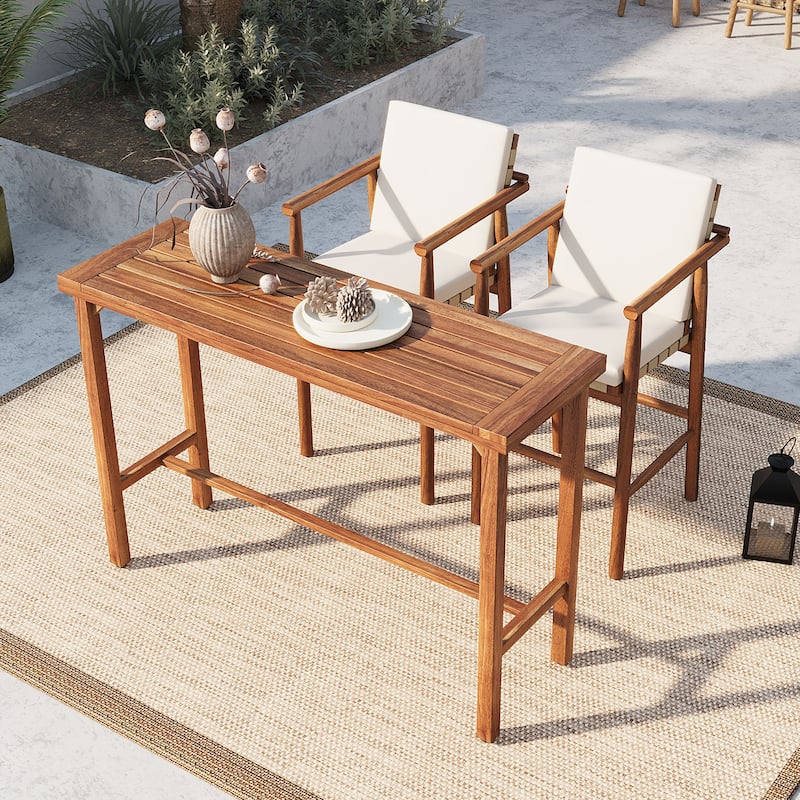 3 Pieces Patio Acacia Wood Bar Height Table and 2 Stools with Cushions
