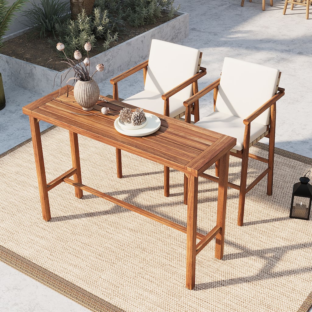 Roomfitters 3 Piece Outdoor Bar Set with High Top Dining Table and 2 Cushioned Stools for Patio Balcony, Natural, Beige