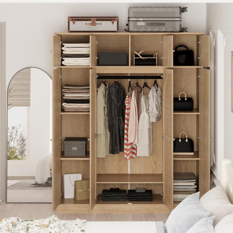 70.87" 8-Door Large Capacity Armoire Wardrobe Closet with Hanging Rod, Adjustable Shelves and Rattan Decorative Doors