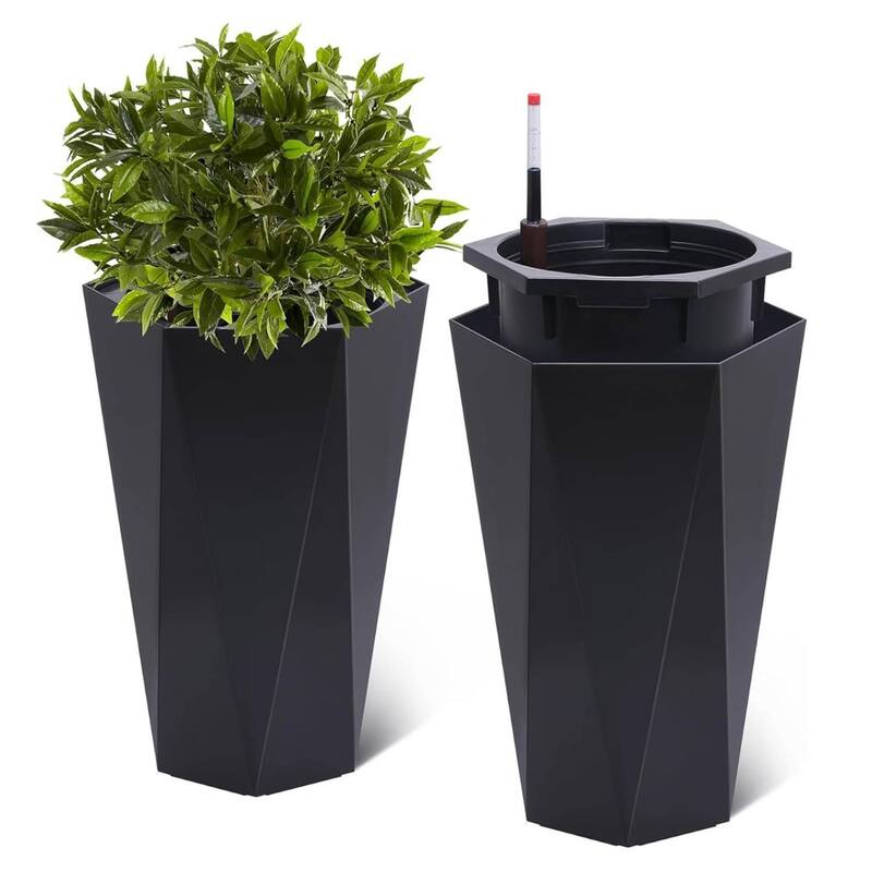 22.5" Set of 2 Self-Watering Tall Planter Pots for Patio, Porch, Garden, Indoor Outdoor - Black