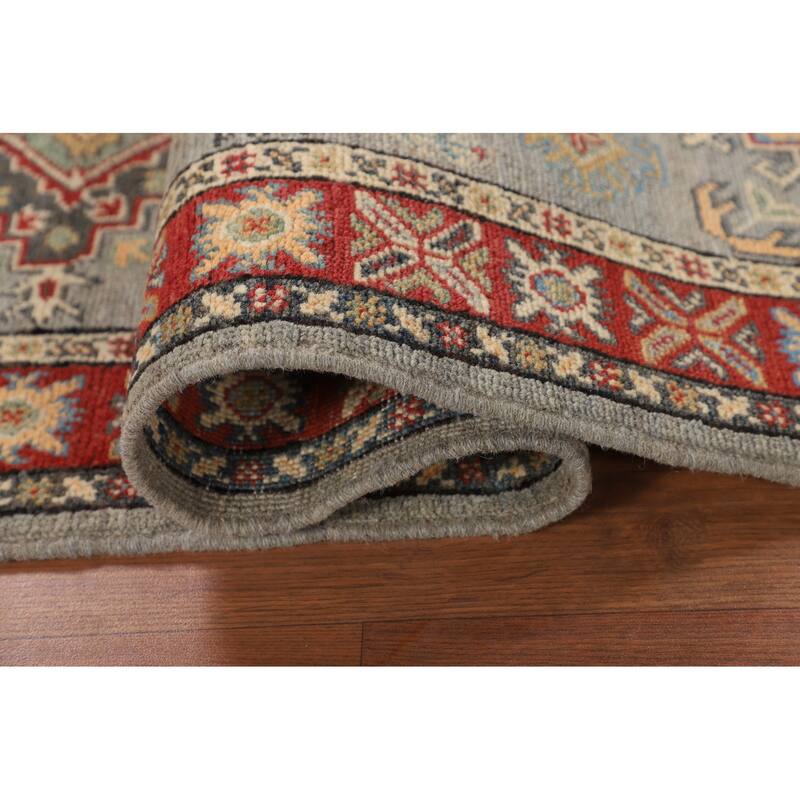 Geometric Kazak Oriental Runner Rug Hand-Knotted Grey Wool Carpet - 2'3" x 5'11"