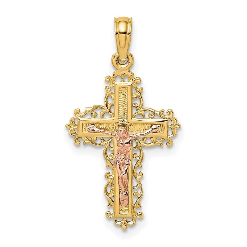Curata 14k Two tone Gold Crucifix With Lace Trim and Pink Jesus Pendant Necklace, 18"