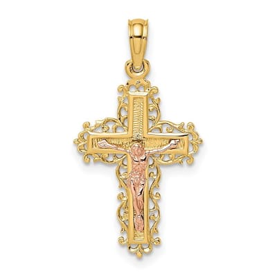Curata 14k Two tone Gold Crucifix With Lace Trim and Pink Jesus Pendant Necklace, 18"