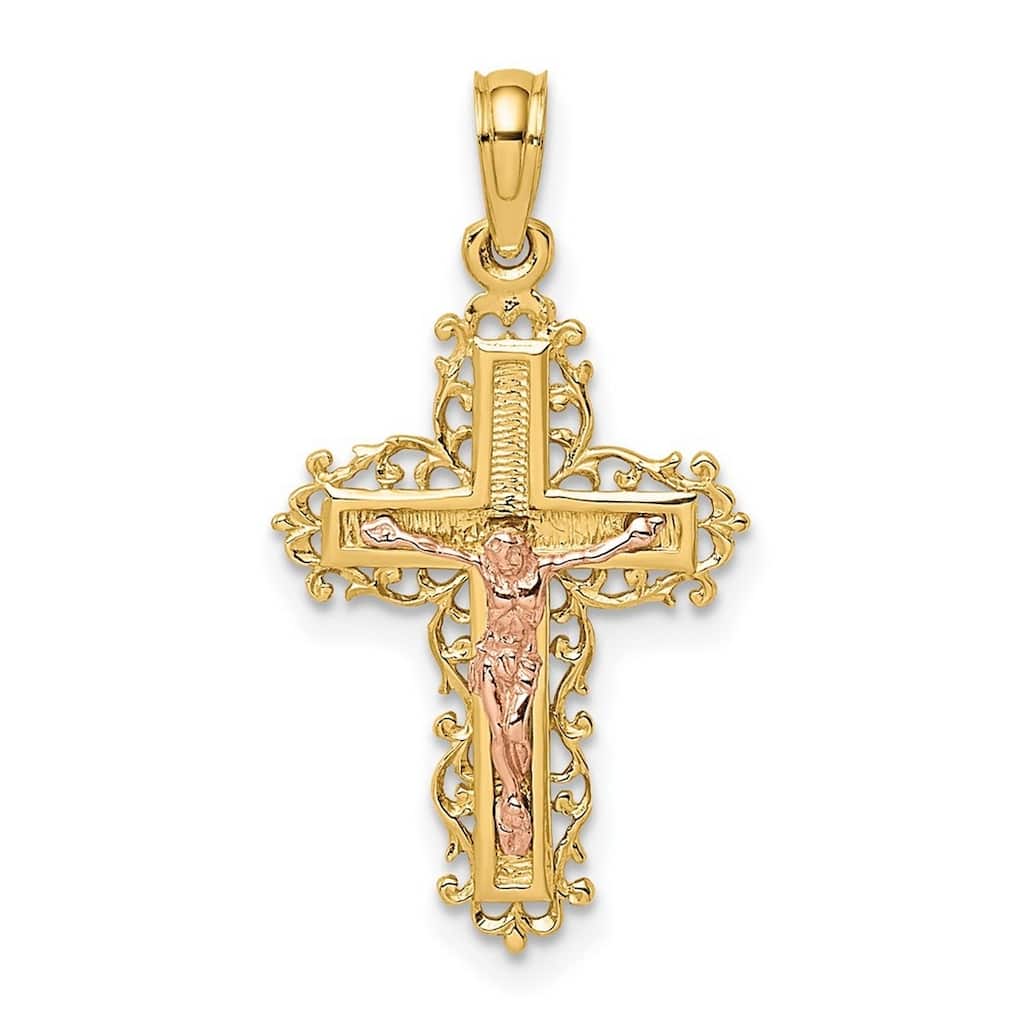 Curata 14k Two tone Gold Crucifix With Lace Trim and Pink Jesus Pendant Necklace, 18"