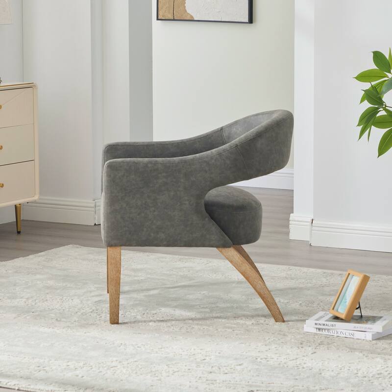 Modern Upholstered PU Open Back Accent Armchair Barrel Dining Chair with Weathered Rubberwood Legs