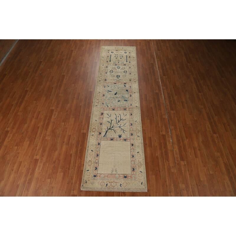 Hand Knotted Oriental 100% Wool Carpet Traditional Floral Beige & Ivories Art Deco Runner Rug - 11' 10'' X 2' 11''