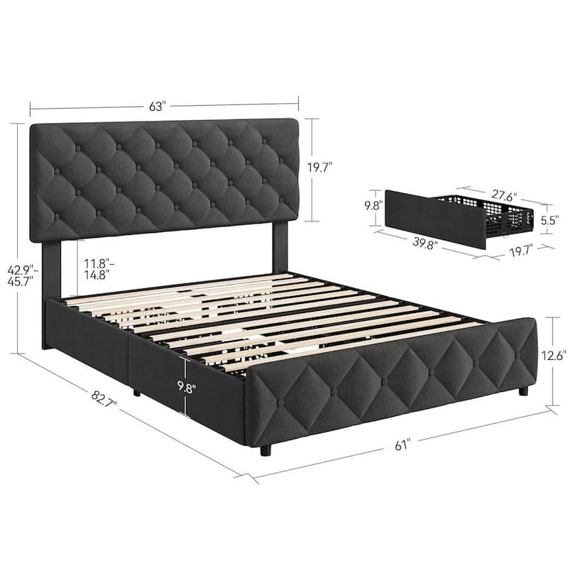 Bed Frame with 4 Storage Drawers and Adjustable Headboard