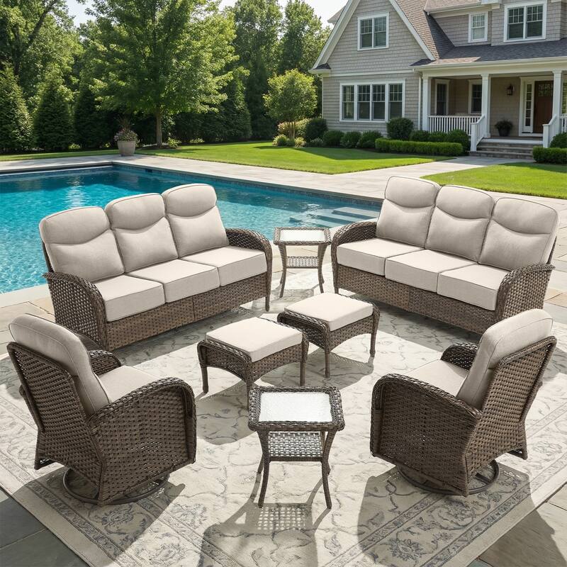 Pocassy Patio 3-Seat Sofa Swivel Chair Table with Ottoman - Brown Wicker Beige Cushion - 8-Piece Sofa Swivel Chair Table with Ottoman