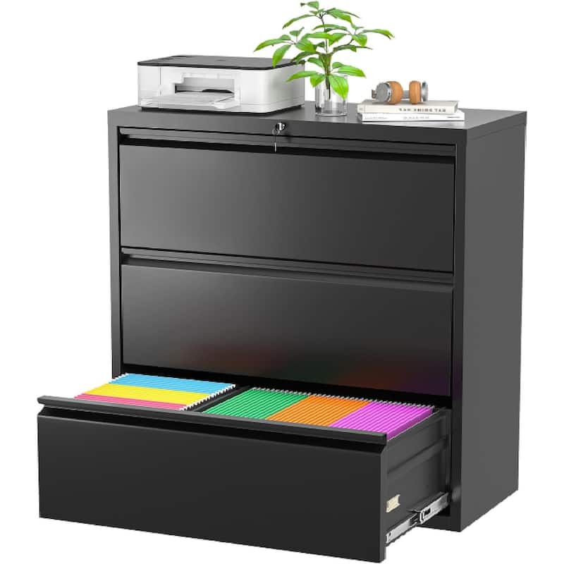 3 Drawer Metal Locking File Cabinet for Home Office, Rolling Cabinet Fully Assembled - Black-Lateral