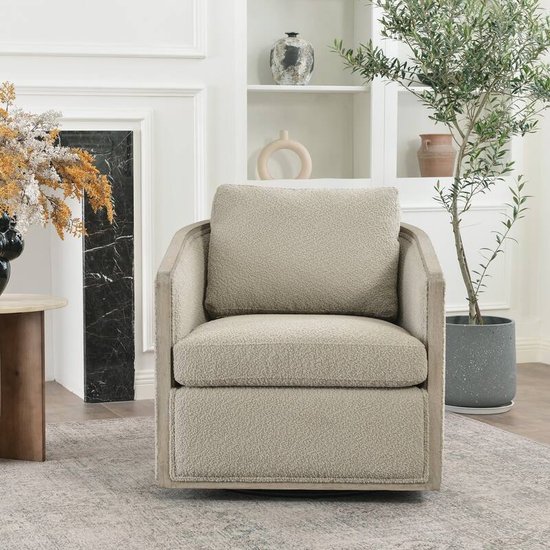 KINWELL 31"W Oak Frame Upholstered Swivel Barrel Armchair