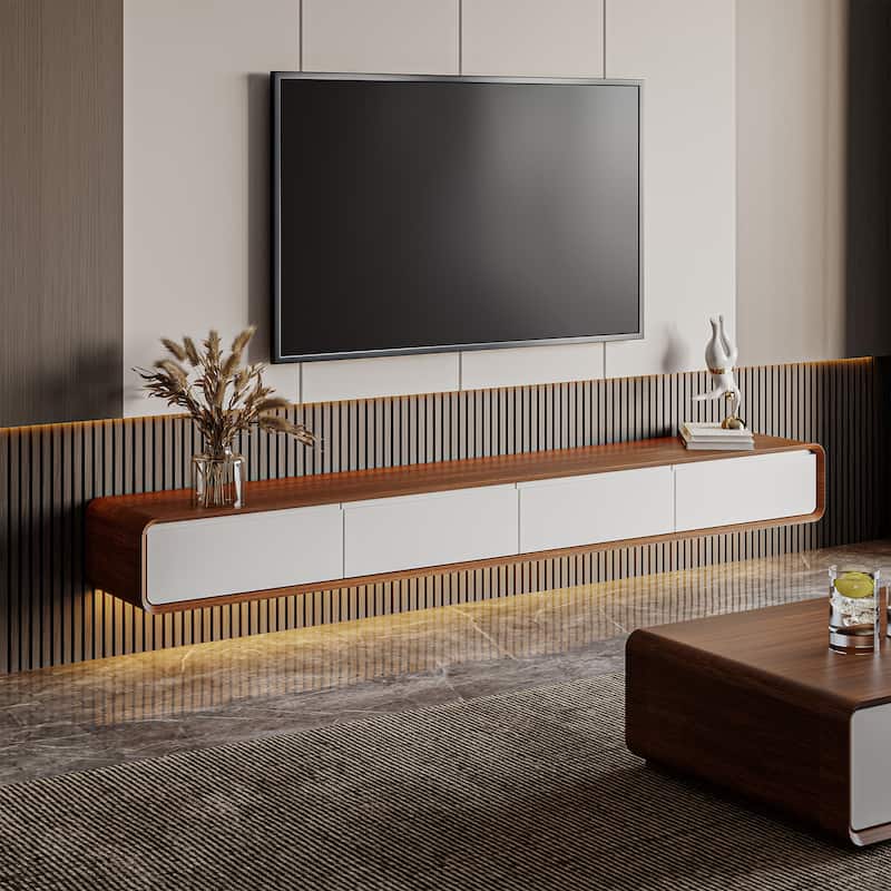 Floating Modern TV Stand for Living Room, Wall-Mounted Entertainment Center with Storage Drawers, Solid Wood, Fully-Assembled