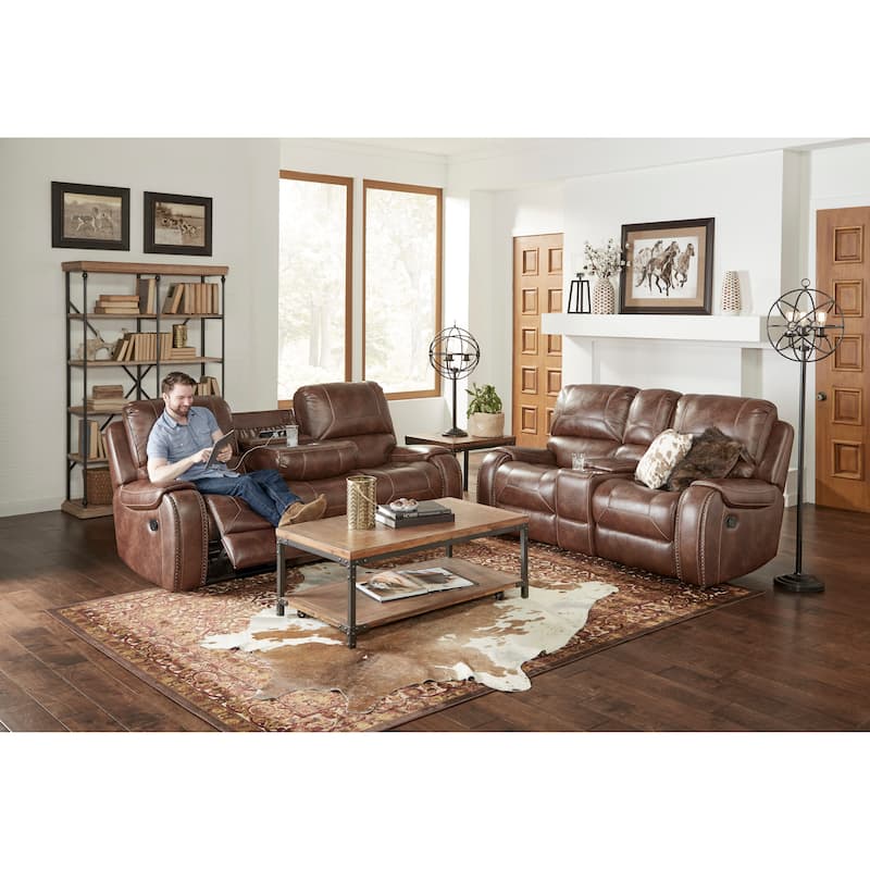 Roundhill Furniture Achern Faux Leather-Air Nailhead Manual Reclining 3-Piece Sofa Set