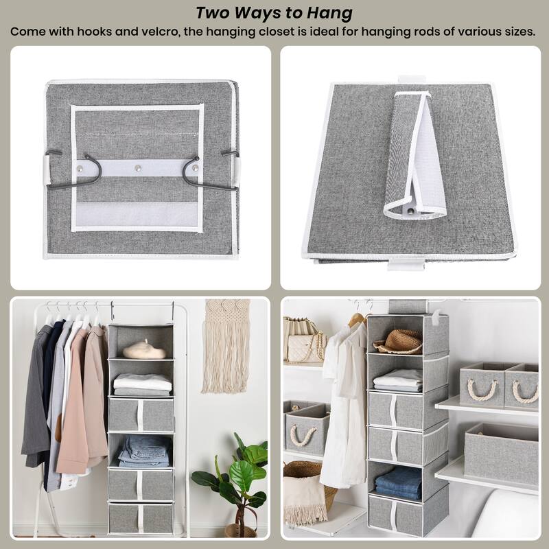 6 Tiers Hanging Organizer with Drawers, Foldable Hanging Closet Shelves for Clothes, Shoe, Toys & Purse