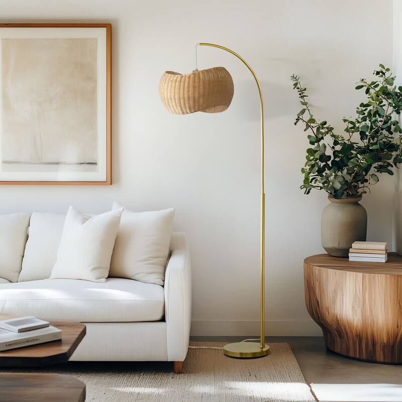 Brightech Wave 81 in. Mid-Century Modern LED Super Bright Floor Lamp with Beige Bamboo Drum Shade