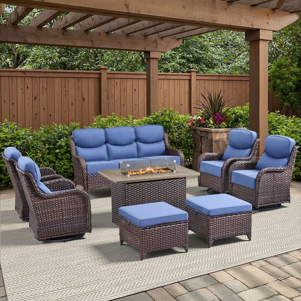 Arcadia 8-Piece Wicker Outdoor Patio Fire Pit Sofa Set with 6-Inch Thick Cushions