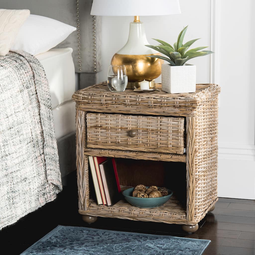 SAFAVIEH Epiphanie Wicker One Drawer Natural Kubu Grey Nightstand