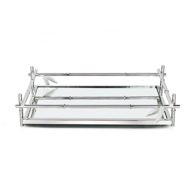 Silver Bamboo Style Rectangle Metal Mirror Decorative Tray Serving Platter