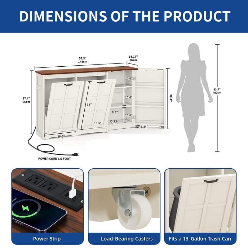 Moasis Kitchen Island with Double Tilt Out Trash Cabinet(13 Gallon) with Adjustable Shelves and Charging Station