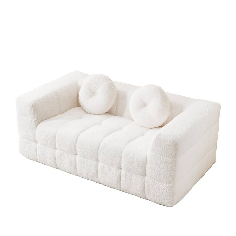 Anmytek 66.5 Inch Modern Boneless Two-Seater Checkered Foam Sofa with 2 Circular Throw Pillows