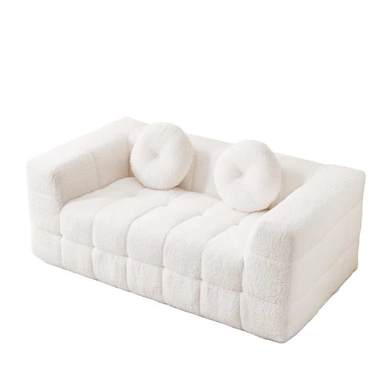 Modular Boneless Cloud Couch, Checkered Fabric Upholstered 2 Seater Foam Sofa, Lounge Sofa with 2 Circular Throw Pillows