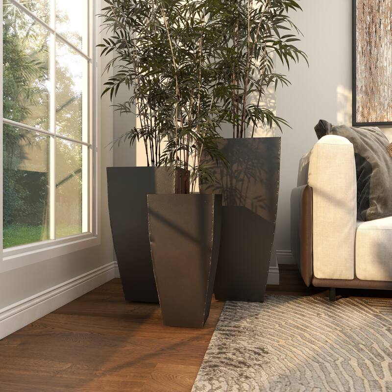 Gray or Dark Gray Metal Indoor Outdoor Light Weight Planter with Tapered Base and Polished Exterior (Set of 3)