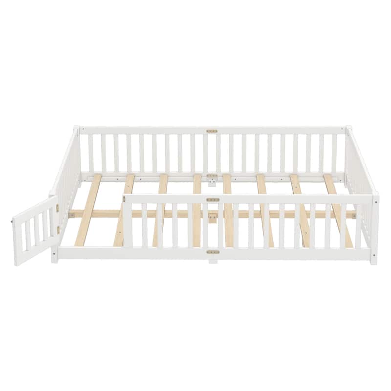 Montessori Toddler Floor Bed with Fence and Switchable Door, Low Profile Bed Frame with Removable Slats, Safe Transition Bed