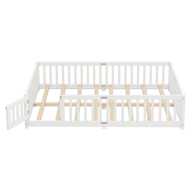 Queen Size Floor Bed with Safety Guardrails and Door for Kids - White