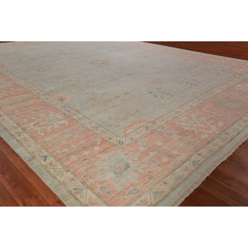 Hand Knotted Oriental 100% Wool Carpet Transitional All-Over Navy Blue & Blues Oushak Area Rug - 12' 0'' X 9' 0''
