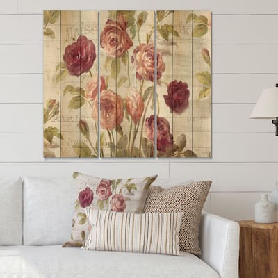 Designart 'French Roses I' Farmhouse Print on Natural Pine Wood - 3 Panels