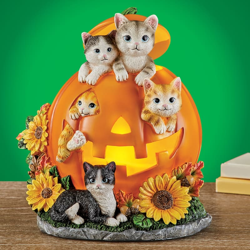 Hand-Painted LED Lighted Pumpkin Cats Tabletop Decoration - 6.68 x 7.5 x 5.75 - Orange