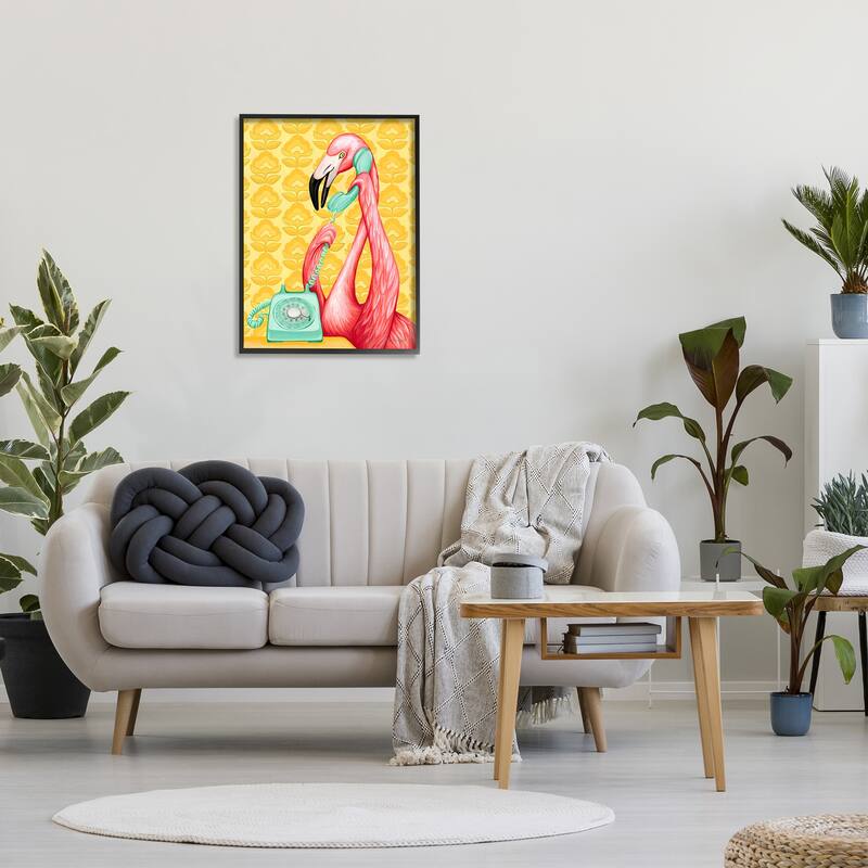 Stupell Flamingo Calling Dial Telephone Groovy Flowers Wallpaper Framed Wall Art, Design by Amelie Legault - Yellow