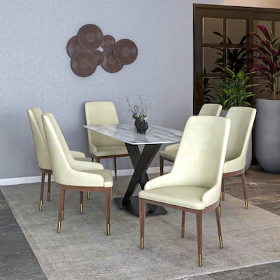 Dining Chair Upholstered in Leather with Rubberwood Frame Side Chair High Back and Gold Accent Legs