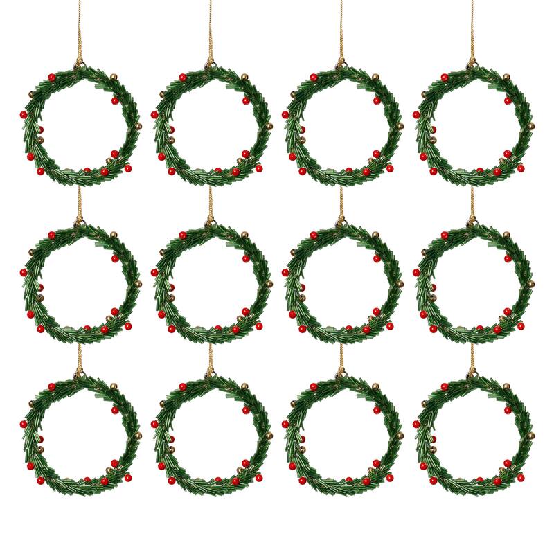 Festive Beaded Christmas Round Hanging Ornaments with Red Berries, Set of 12, 4"