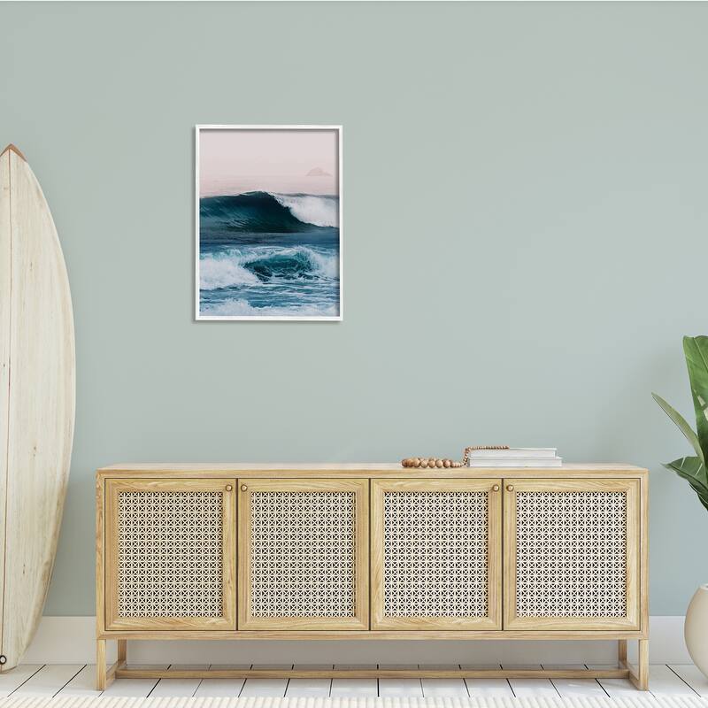 Stupell Crashing Surf Waves Ocean Beach Scene Distant Cliffs Framed Wall Art