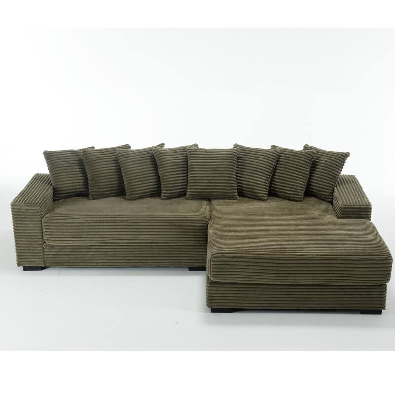 Oversized Two-Piece L Shaped Corduroy Sofa with Right Chaise Daybed, Eight Throw Pillows, Green