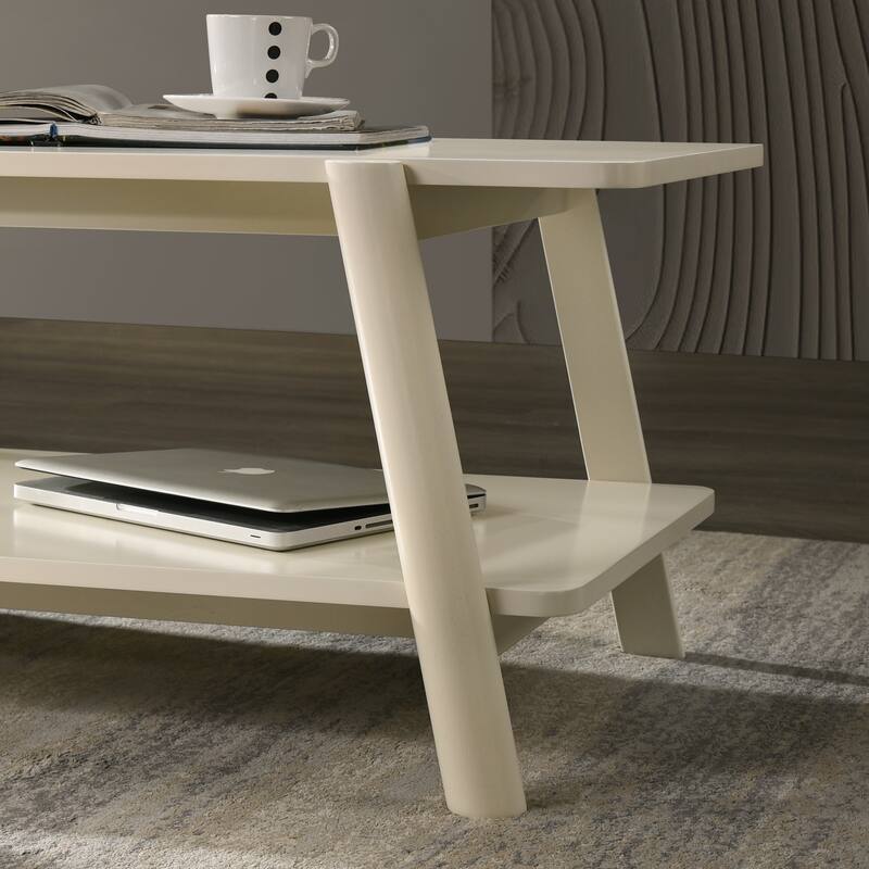 Mid-Century Modern Wood Shelf Coffee Table, Off-White Finish
