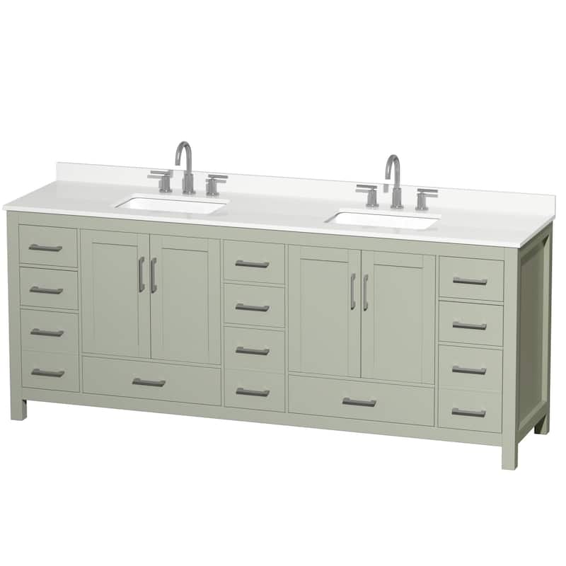 Sheffield 84-inch Double Vanity, 3 Hole Quartz Top - Light Green, Nickel Trim, White Quartz Top