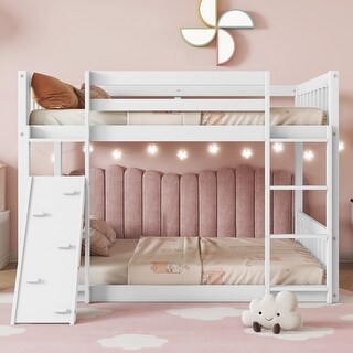 Innovation & Fun Design Floor Bunk Bed with Climbing Ramp, Ladder, Safety Guardrails, Twin over Twin