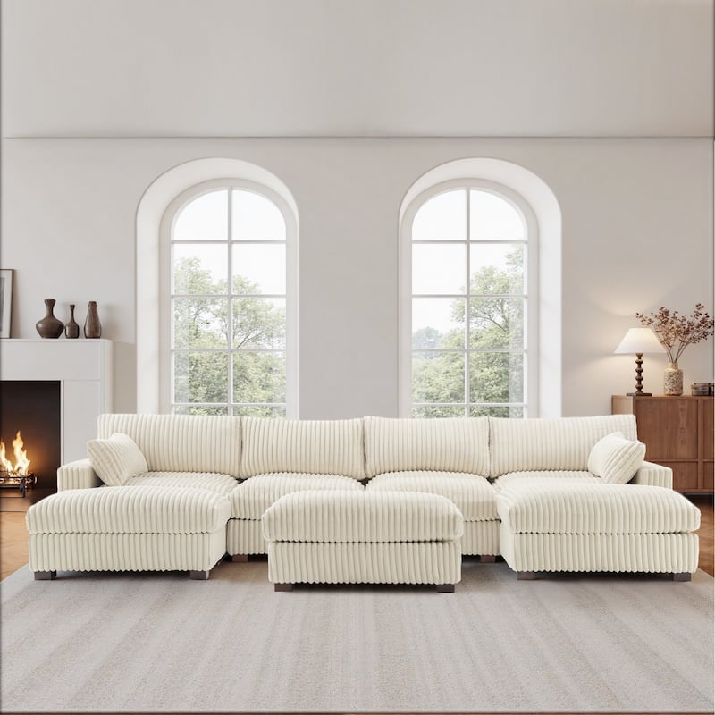 Oversied Plush Corduroy Fabric Modular Sectional Sofa with Chaise, Ottoman