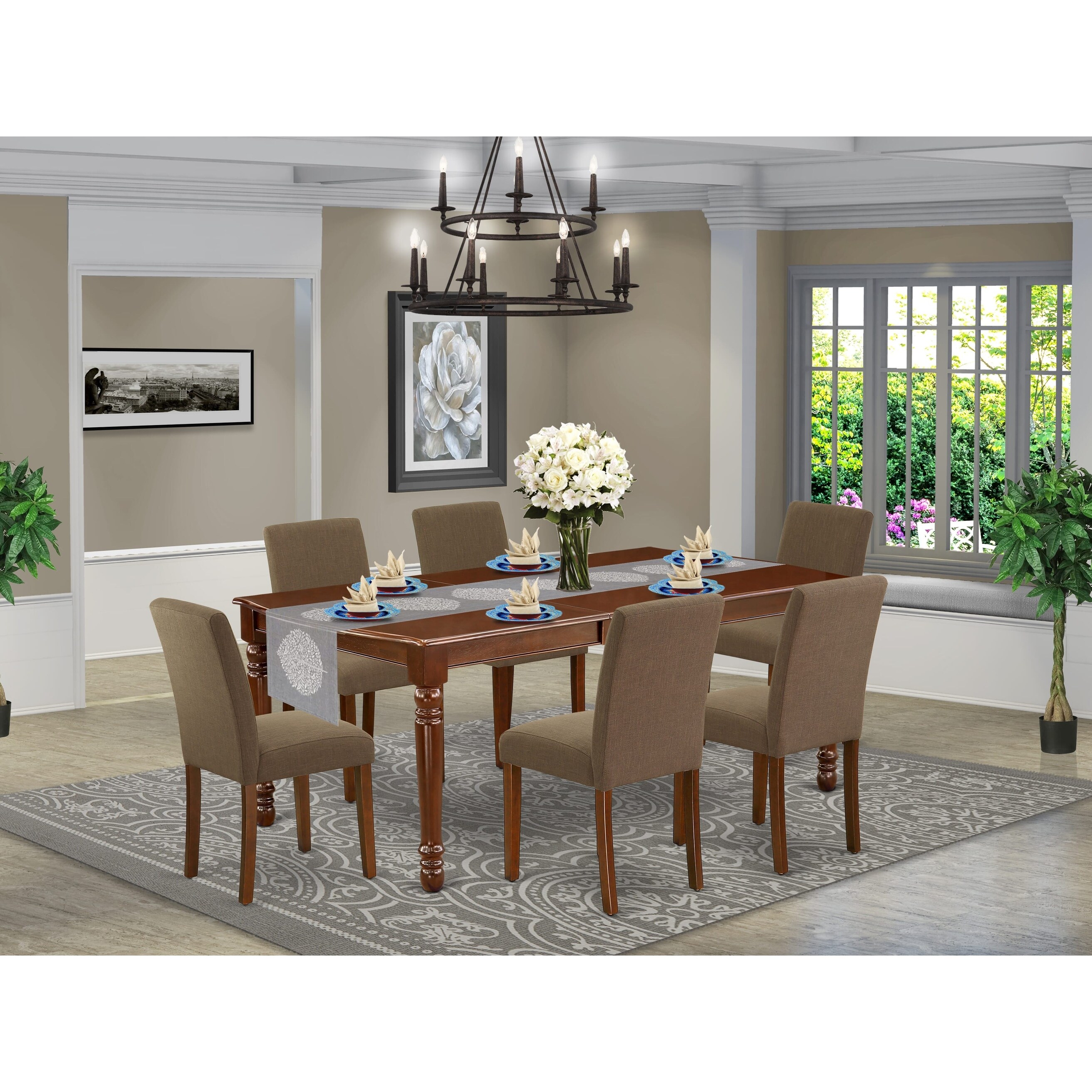 East West Furniture Dining Table Set- a Rectangle Kitchen Table and Coffee Linen Fabric Chairs, Mahogany (Pieces Option)