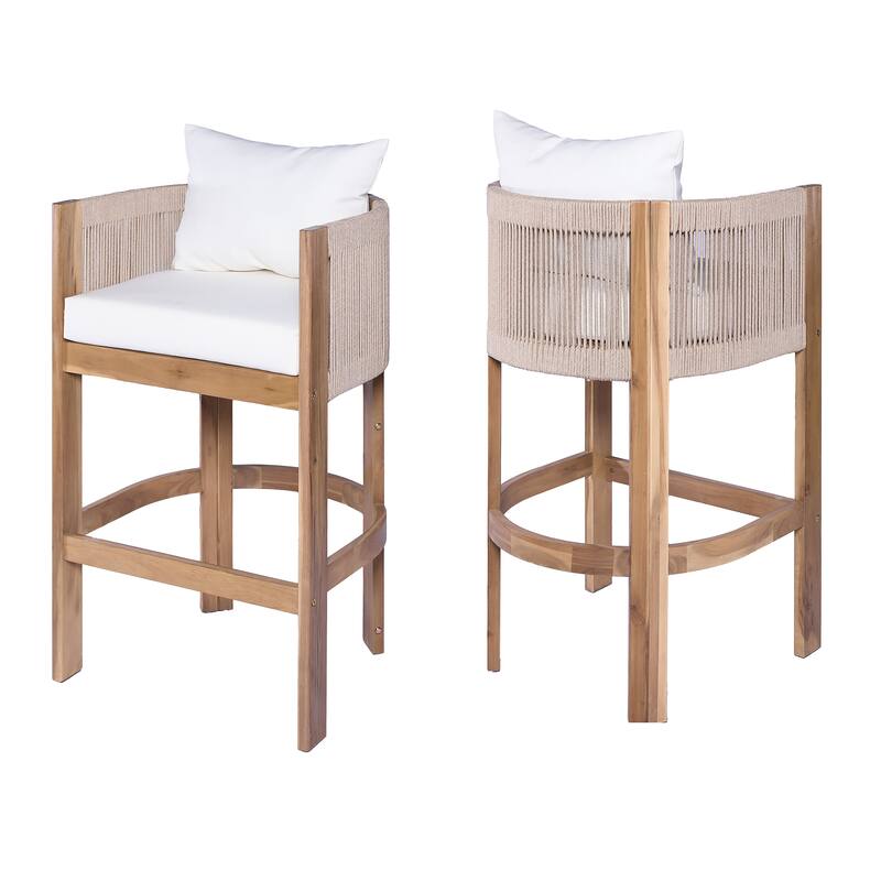 Roomfitters Matera Outdoor Acacia Wood Barstools with Rope Back, Teak Finish and Beige Set of 2 - Beige