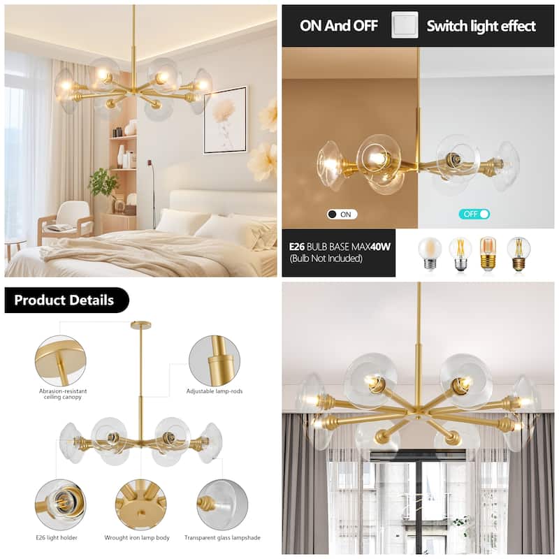 8-Light Gold Chandelier with Clear Glass Shades, Modern Crystal