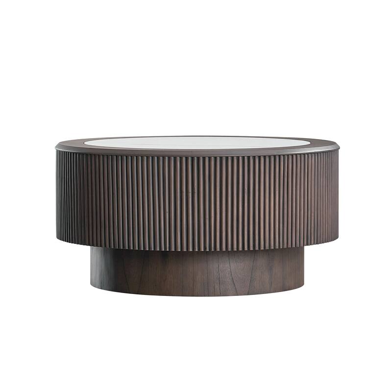 31.5 inch Modern Marble Pattern Coffee Table Round Coffee Table for Living Room,Small Table with Sturdy Pedestal,Dark Brown