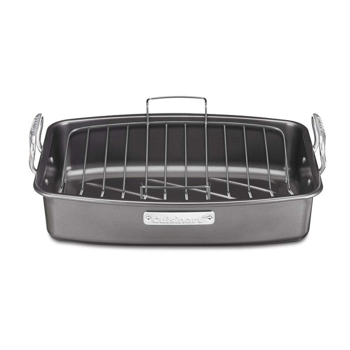 Farberware Bakeware Nonstick Steel Roaster with Flat Rack, 11-Inch x  15-Inch, Gray