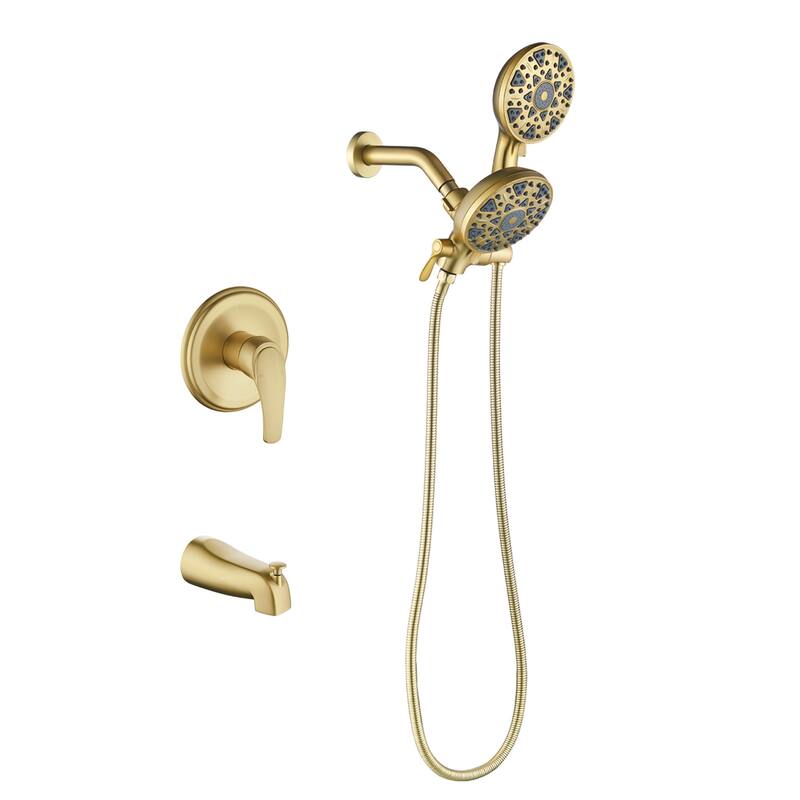 Wall Mount Dual Head Shower Faucet with Tub Spout Brass Complete Shower System with Hand Shower Valve Included - Brushed Gold