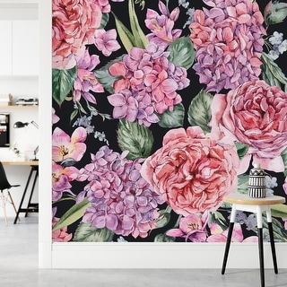 Pink Flowers on Dark Wallpaper Peel and Stick and Prepasted - Bed Bath ...