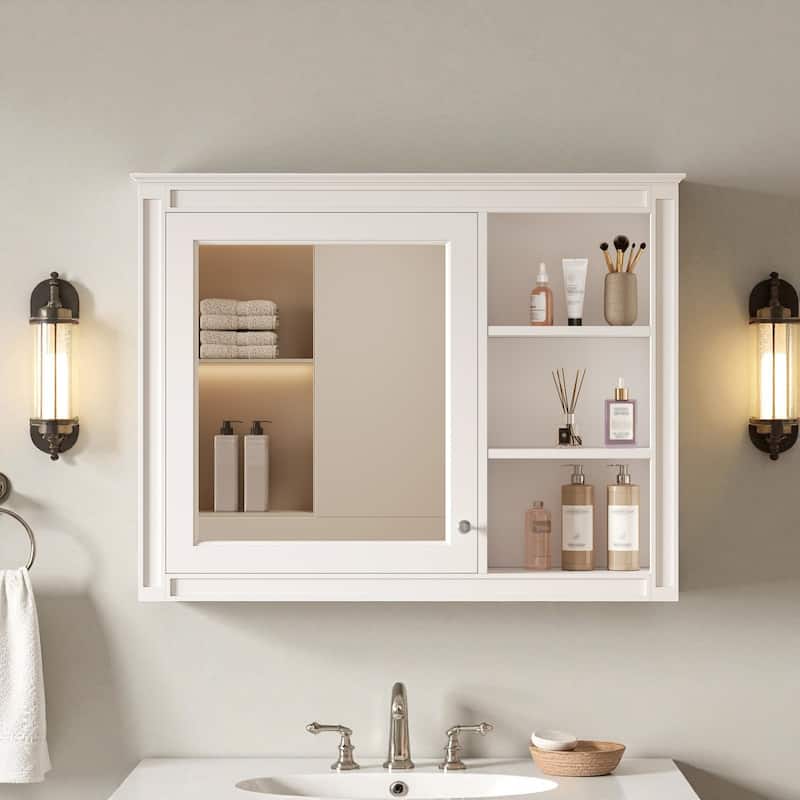 36" x 28" Wall Mounted Medicine Cabinet with Mirror, Modern Bathroom Storage Cabinet with Adjustable Shelf - White