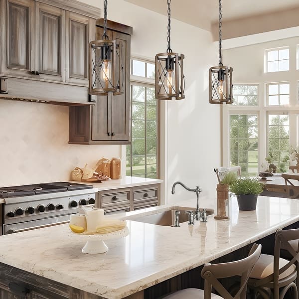 slide 2 of 22, Modern Farmhouse Cylinder Pendant Light Wood Grain Island Light for Kitchen Island Dining Room