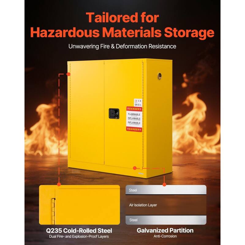 29 Gallon Heavy Duty Yellow Fireproof Cabinet for Flammable Liquids with Adjustable Shelves - 43” x 18.1” x 46.4”