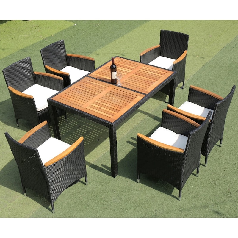 Outdoor Garden Black Wicker Dining Set with Acacia Wood Top, Cushions